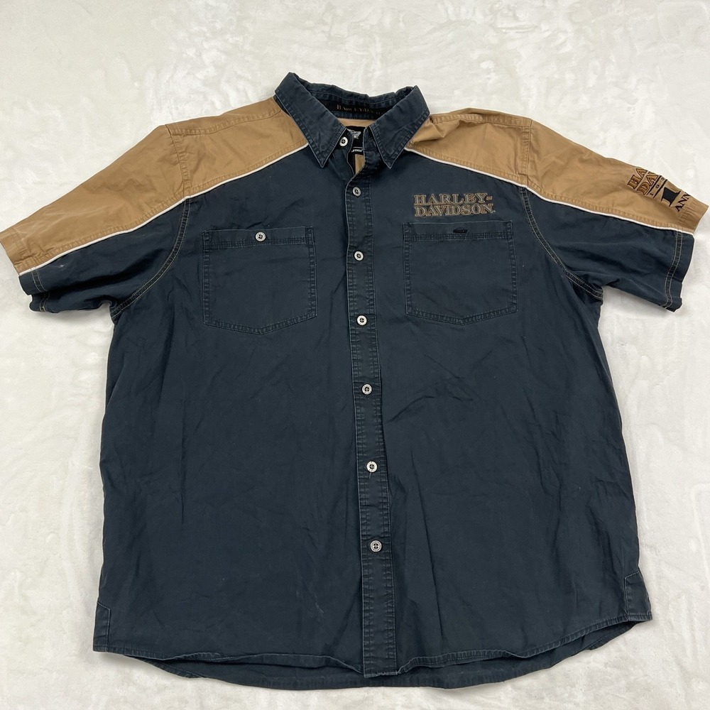 Harley-Davidson Button Up Shirt Mens 2XL Black Tan 110th Anniversary Logo